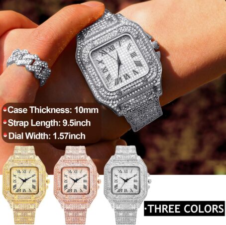 Apzzic Diamond Watch Iced Out CZ Gold Plated Cuban Link Square Dial Quartz Wristband Analog For Men Women - Image 3