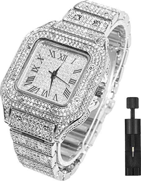 Apzzic Diamond Watch Iced Out CZ Gold Plated Cuban Link Square Dial Quartz Wristband Analog For Men Women