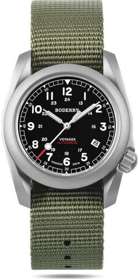 BODERRY Men's Watch Titanium Automatic Field 40mm Military Day Date Function 100M Waterproof With Nylon Strap Japanese Mechanical Movement And Screw Down Crown Voyager