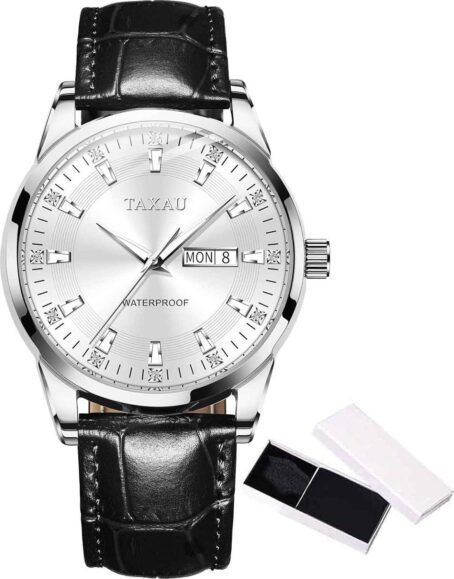 Men Watch Black Leather Watches for Men Date Day Quartz Analog Diamonds Large Face Waterproof Watch for Men Gifts for Him