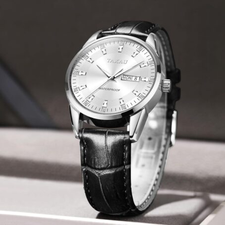 Men Watch Black Leather Watches for Men Date Day Quartz Analog Diamonds Large Face Waterproof Watch for Men Gifts for Him - Image 5