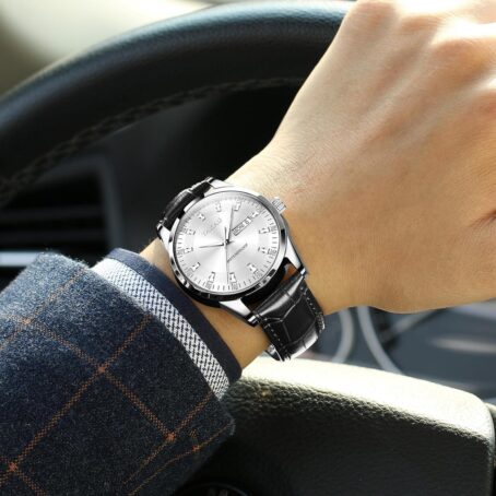 Men Watch Black Leather Watches for Men Date Day Quartz Analog Diamonds Large Face Waterproof Watch for Men Gifts for Him - Image 3