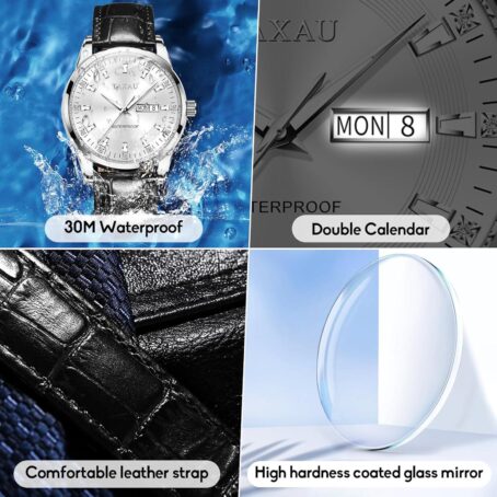 Men Watch Black Leather Watches for Men Date Day Quartz Analog Diamonds Large Face Waterproof Watch for Men Gifts for Him - Image 4