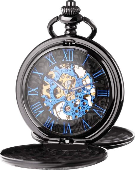 Men's Mechanical Skeleton Pocket Watch For Mens Women Blue Roman Numerals Dial Double Case Watches