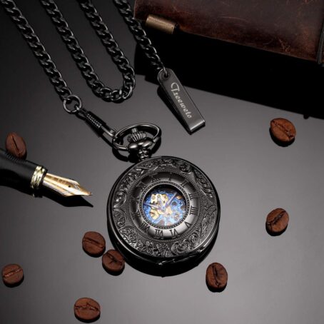 Men's Mechanical Skeleton Pocket Watch For Mens Women Blue Roman Numerals Dial Double Case Watches - Image 4
