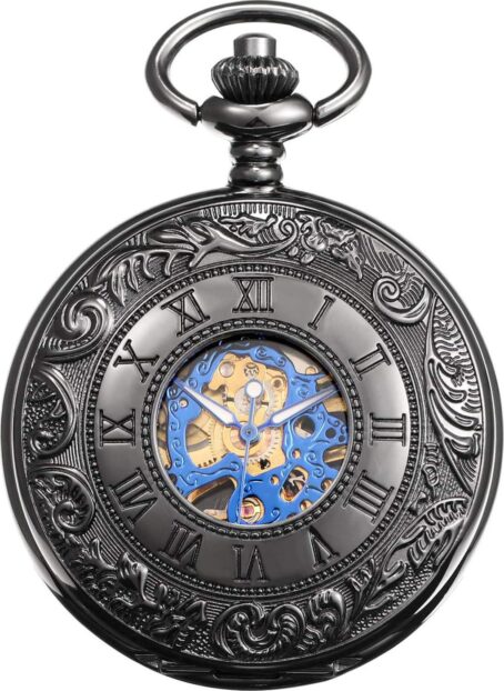 Men's Mechanical Skeleton Pocket Watch For Mens Women Blue Roman Numerals Dial Double Case Watches - Image 2
