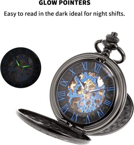 Men's Mechanical Skeleton Pocket Watch For Mens Women Blue Roman Numerals Dial Double Case Watches - Image 6