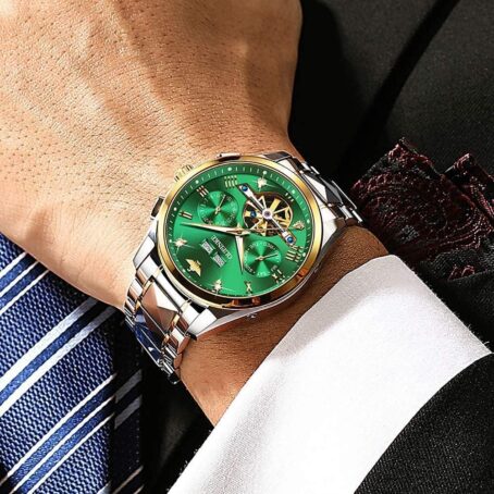 OUPINKE Mens Watches Skeleton Automatic Mechanical Premium With Calendar Sapphire Crystal Tungsten Steel Waterproof Wrist - Image 3
