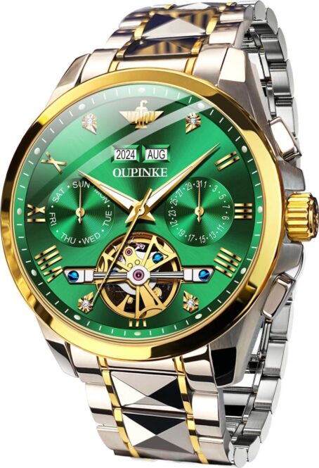 OUPINKE Mens Watches Skeleton Automatic Mechanical Premium With Calendar Sapphire Crystal Tungsten Steel Waterproof Wrist