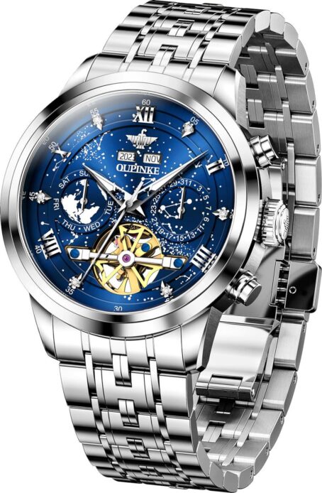 OUPINKE Watches For Men Automatic Unique Luxury Imitation Galaxy Mechanical Business Diamond Calendar Male Stainless Steel Waterproof Luminous