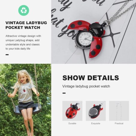 POPETPOP Childrens Animal Pocket Watch Necklace: Cute Red Ladybug Long Chain Sweater Pendant Keychain Gift - Image 3