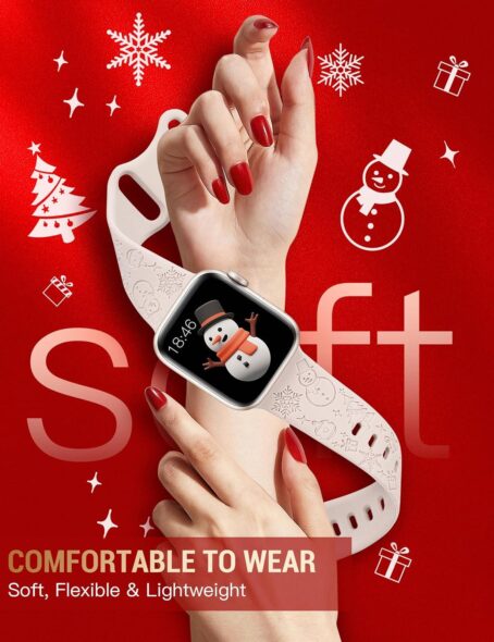W-RARA Christmas Engraved Band Compatible With Apple Watch 38mm 40mm 41mm 42mm 44mm 45mm 49mm For Women Men, Silicone Snowman Snowflakes Holiday Strap IWatch Series Ultra SE 9 8 7 6 5 4 3 2 1 - Image 3
