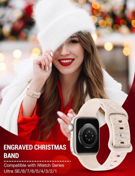 W-RARA Christmas Engraved Band Compatible With Apple Watch 38mm 40mm 41mm 42mm 44mm 45mm 49mm For Women Men, Silicone Snowman Snowflakes Holiday Strap IWatch Series Ultra SE 9 8 7 6 5 4 3 2 1 - Image 5