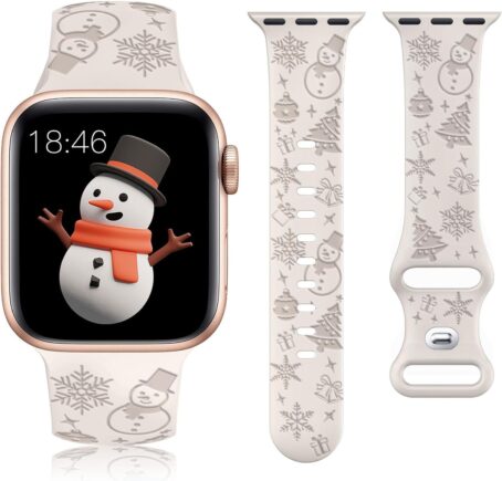 W-RARA Christmas Engraved Band Compatible With Apple Watch 38mm 40mm 41mm 42mm 44mm 45mm 49mm For Women Men, Silicone Snowman Snowflakes Holiday Strap IWatch Series Ultra SE 9 8 7 6 5 4 3 2 1