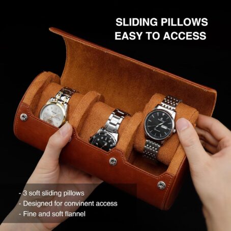 Watch Travel Case, Roll For 3 Watches,Premium Faux Leather, Gift-box Packaging Brown - Image 3